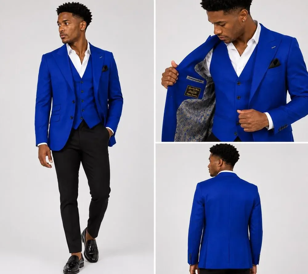 Zeniah Fashion Royal Blue Peak Lapel 3 Piece Suit Jacket Vest Mens 38R Classic